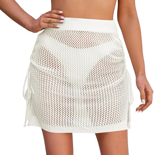 SEAUR Stickad kjol för kvinnor, strand, kort, transparent, strandkjol, dragsko, omlottkjol, minisarong, pareo, virkad, bikini, cover up, fisknät, linda S–XL, Dragsko – vit, S