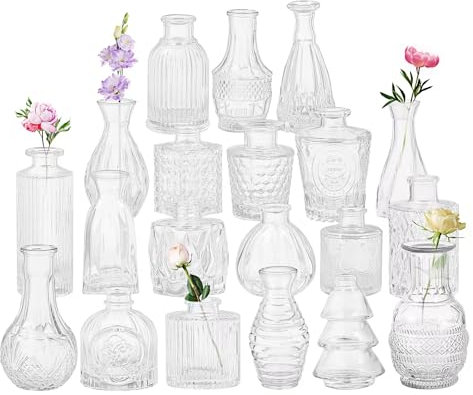 20 Pcs Clear Glass Bud Vases in Bulk, Vintage Embossed Small Vases for Centerpieces, Mini Floral Vases for Wedding Decor, Baby Shower, Table Decorations, 3.1-5.1