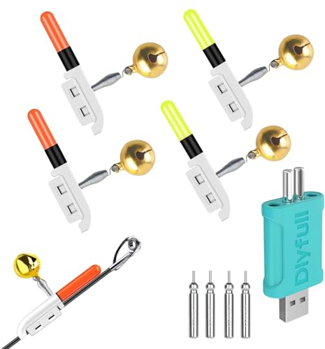 YdseozOA 4 Stück Knicklichter zum Angeln, Angelalarmglocke, wasserdichter LED-Bissanzeiger zum Angeln, Nachtangeln-Bissanzeiger für Angelrute, Angelausrüstungszubehör mit Ladegerät und Batterie