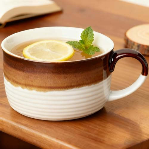 Disoza Jumbo Tazza bianca e marrone Tazza di caffè da 700 ml in ceramica di zuppa grandi con manico