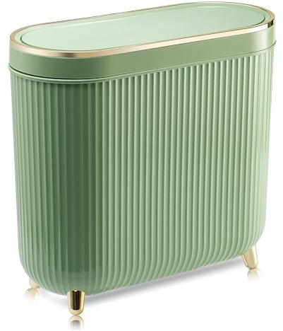SULIFEEL Bathroom Trash Can with Lid 3.2 Gallon/12L Waterproof Garbage Can Plastic Kithen Bin, Slim for Small Spaces, Bathroom, Kitchen, Office-Green