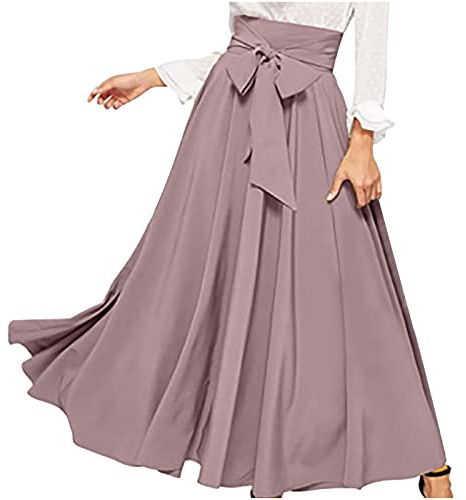 Jupes pour femmes UK Jupe longue plissée élégante à nouer à la taille avec nœud sur le devant, jupe longue d'été décontractée et fluide, rose, M