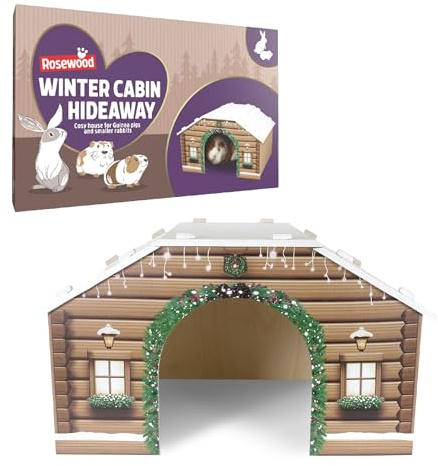 Rosewood Cupid & Comet Winter Cabin Hideaway for Small Animals – Cosy Pet House for Guinea Pigs and Small Rabbits, Made From Plywood, Easy to Assemble, Sleep and Shelter, Festive Christmas Design