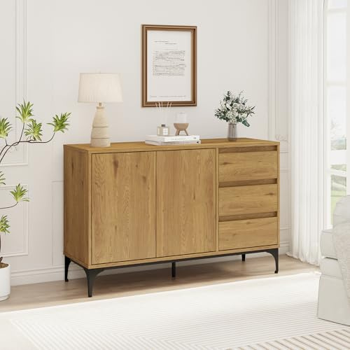 [en.casa] Credenza Bassa a 2 Ante con Ripiano Regolabile Cassettiera Mobile Contenitore Multiuso a 3 Cassetti per Corridoio Soggiorno Studio 77 x 120 x 40 cm - Effetto Rovere Scuro