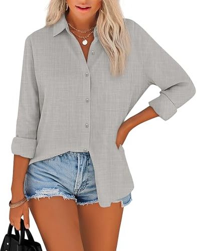 NONSAR Damblus, elegant krage, topp, skjortblus, bomull, långärmad skjorta, kvinnor, lediga lösa blusar, toppar, GRÅ, M