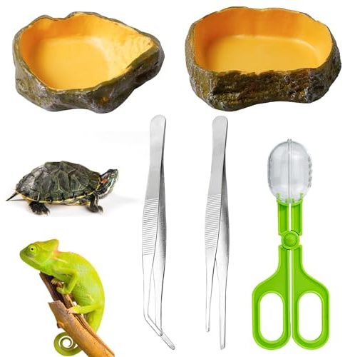 OFXCEN 5 PCS Reptile Feeding Bowl Set, Shallow Reptile Water Dish PVC Small Tortoise Water Bowl Food Dishes for Lizard Include 2 Feeding Tweezers 1 Cricket Clamp for Tortoise Frog Gecko Snake