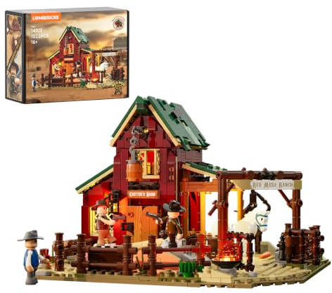 LUMIBRICKS Wild West Ranch Duel Klemmbaustein-Set mit LED-Beleuchtung, 1023 Teile Western-Ranch Modellbausatz für Erwachsene, Sammlerstück für Fans des Wilden Westens