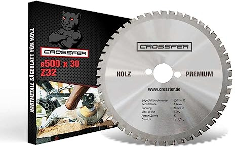 Kreissägeblatt für Holz | Premium Qualität HM Kreissägeblatt | Hartmetall Kreissägeblatt für die Holzverarbeitung | CROSSFER® (Ø500 x 30 (Z32))