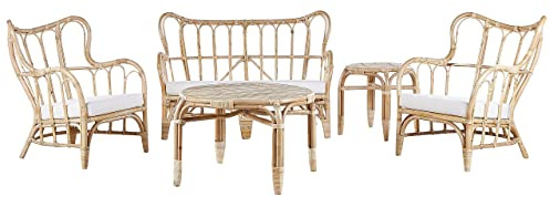 Beliani Salon de Jardin 2 Chaises Fauteuils Table Basse Bout de Canapé et Banquette en Rotin Naturel pour Extérieur au Style Boho et Rustique