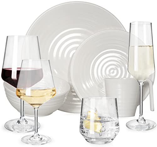 Vaisselle de camping en mélamine 4 personnes Design crème 16 pièces + 16 verres Milano verres à vin Verres à champagne Flûtes Vaisselle de table Pique-nique BBQ Ustensiles de cuisine