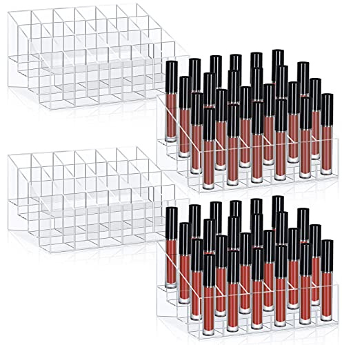Macarrie 4 Pieces Lipstick Holder Organizer 24 Slot Acrylic Lipstick Makeup Organizer Case Display Stand Storage Box for Lipsticks Lipgloss Brushes Cosmetics