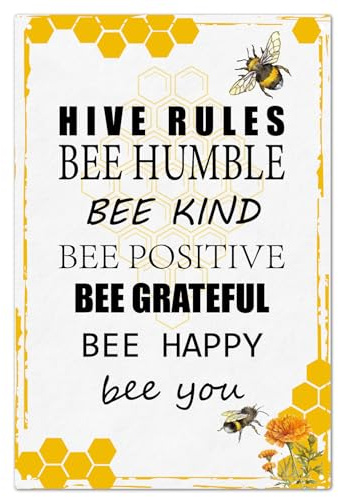 CREATCABIN Hive Rules Sign Vintage Bee Metal Tin Sign Wall Decor Retro Painting Poster Plaque Iron Decoration Art Mural Hanging Gift for Living Room Home Kitchen Bar Room Cafe Garden Pub 12 x 8 Inch