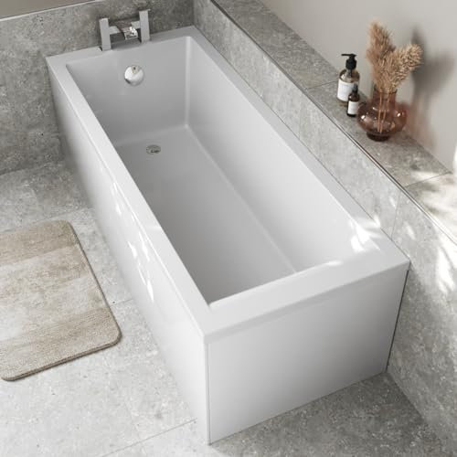 Baystone 1600 x 700mm Single Ended Straight Bath White Gloss Soaking Bathttub, Acrylic Baths for Bathrooms, Straight Square, Adjustable Feet, Side Panel Included