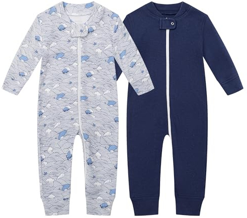 Owlivia Organic Cotton Baby Boy Girl Zip Up Sleep N Play, Footless Romper, Long Sleeve Pyjama (18-24 Months, Wave & Navy)