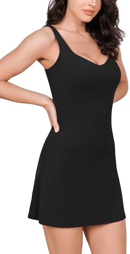 ODODOS Women's Cloud Feeling Tank Dress with Separate Shorts and Built in Bra U Back Mini Tennis Dress, Black, Medium