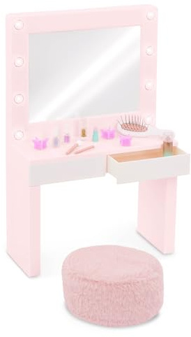 Our Generation - Glam & Glow Vanity Set - Pink Vanity Table Playset - Light-up Mirror - Pretend Make-up & Styling Items - 18-Inch Doll Accessories - Toy for Kids 3 Years +