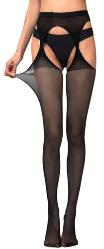 GWAWG Giarrettiera sexy a vita alta, collant traslucidi, bretelle e calze sexy, a vita alta, collant da donna, nero, taglia unica