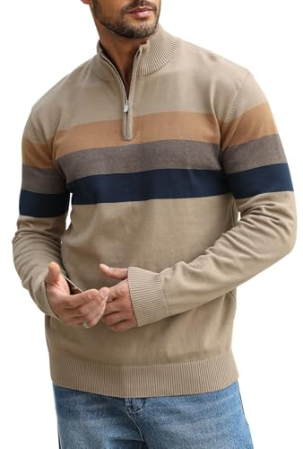 Superora Maglione a Righe da Uomo 100% Cotone Invernale Pullover Manica Lunga Collo Alto con 1/4 Zip