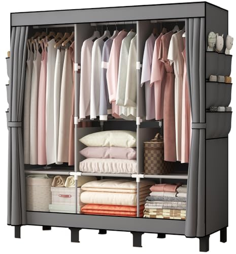 PSHUN RIGH Portable Closet, 51.18 Large Capacity Clothing Storage Organizer with 3 Hanging Rods 6 Shelves 18 Side Pockets, Dustproof Sturdy Wardrobe for Bedroom Dorm Rental Apartment(Grey, Large)
