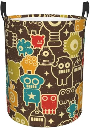 Kuilepa Robot And Monsters Print Laundry Basket Circular Laundry Hamper With Handles Waterproof Dirty Clothes Storage Basket For Bedroom Bathroom Dorm Living Room-Medium