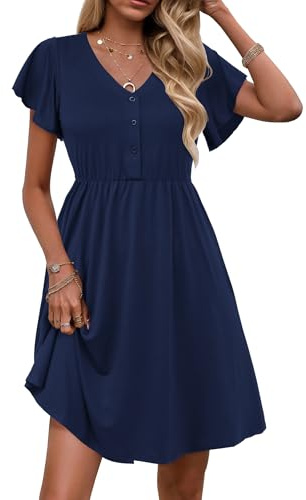 Zeagoo Vestido de Verano para Mujer Elegante Vestido con Volantes Manga Corta Minivestido Casual con Botones Minivestido Monocolor Vestido con Bolsillo Azul Marino M