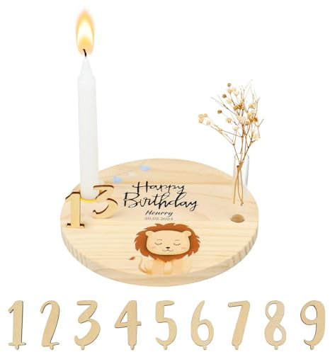 Personalisierter Geburtstagsteller,Geburtstagsteller mit Namen Geburtstagsteller Holz mit Kerzenhalter Kunststoff Reagenzgläser Jahreszahlen 0-9 Geburtstagsgeschenk für Jungen Mädchen (Tiermodell)