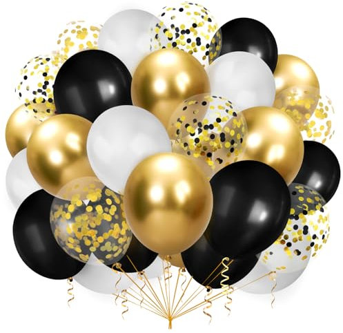 100 palloncini nero oro bianco, nero e oro, con coriandoli, palloncini dorati, palloncini in lattice, con 2 rotoli, per ghirlande di palloncini, matrimoni, lauree, feste