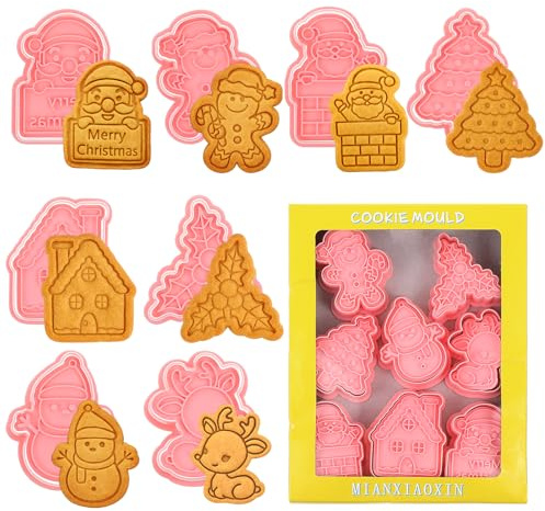 Juego de 8 cortadores de galletas navideñas, 3D de Navidad, de plástico, árbol de Navidad, Papá Noel, hombre de jengibre, reno para hornear