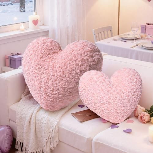 Lanpn Juego de 2 Piezas Cojin Corazon, Rosa Cojines Peluche Corazon, Almohada en Forma de Corazón Cojín Decorativo para el Día de San Valentín en salón Dormitorio sofá Cama (Rosa, 42x31cm y 36x27cm)
