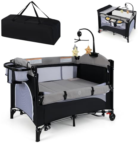 DREAMADE Reisebett mit Matratze, 5 in 1 Beistellbett Baby mit Rollen & Wickelauflage & Spieluhr, 110×76cm Babybett mit Tragetasche, für Neugeborene & Baby (Grau)