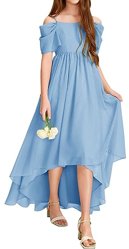 Haloumoning Abito da ragazza con spalle scoperte con volant, abito estivo per bambini, linea ad A, tinta unita, elegante, per feste, matrimoni, compleanni, feste, Blu, 13-14 Anni