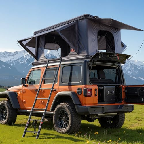 VEVOR Tente de Toit pour Voiture, Tente de Toit à Coque Rigide pour 2-3 Personnes, pour Camping Caravane SUV, en Alu, avec Éclairage LED Tricolore, Matelas Épais et 2 Fenêtres, Étanche et Coupe-Vent