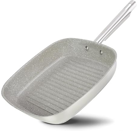 DIVORY Sartén Grill Rayada Inducción 28 x 28 cm, Sartén para Carne de Acero Inoxidable con Revestimiento Cerámico - Apta para Horno y Todo Tipo de Cocinas, Libre de PFAS y PTFE (Natura, 28 cm)