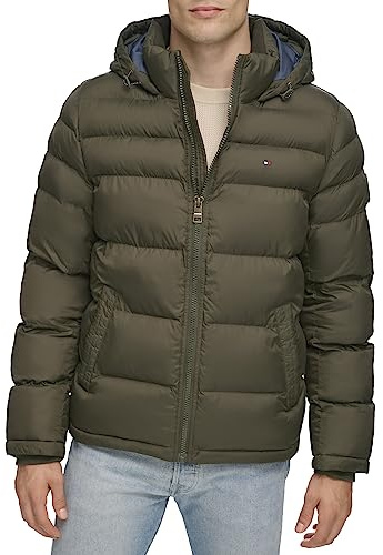 Tommy Hilfiger Men's Classic Hooded Puffer Jacket, Olive, XL