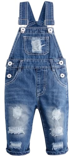 KIDSCOOL Peto Vaquero Bebé Unisex Rasgado Desgastado Verano Primavera | Mono vaquero unisex para bebé, estilo rasgado y desgastado, conjunto de verano y primavera con bolsillos.