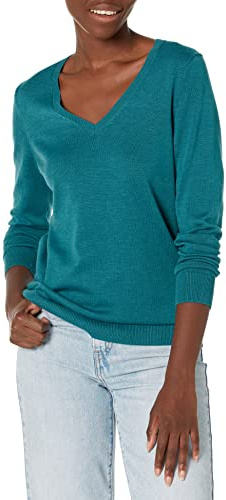 Amazon Essentials Women's Lightweight Long-Sleeve V-Neck Jumper, Teal Blue Heather, L