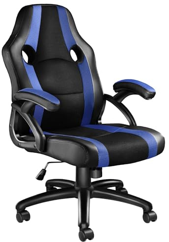 tectake® Gaming Stuhl, Bürostuhl ergonomisch, Racing Bürostuhl, Chefsessel mit Wippfunktion und Armlehnen, Drehstuhl, höhenverstellbarer Schreibtischstuhl, PC Stuhl, Gaming Chair - schwarz/blau