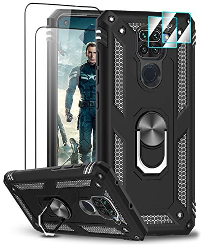 LeYi - Carcasa para Xiaomi Redmi Note 9 con 2 Vidrio Templado y 2 Protectores de cámara, Anillo de Soporte Militar anticaída antigolpes rígida Armadura Funda para Xiaomi Redmi Note 9, Color Negro