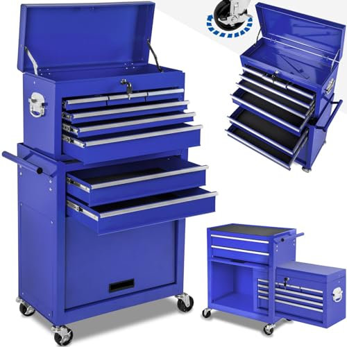 tectake® Chariot d'atelier Metallique Servante d'atelier Vide Trolley Professionnel 10 Compartiments spacieux Verrouillables Chariot a Roulette pour Rangement Atelier Garage - Bleu