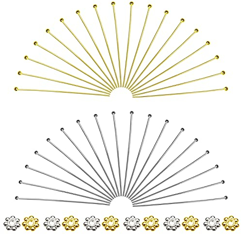 TOAOB 200 Pezzi Chiodini Testa Palla 50 mm Ottone Spilli Dritti e 200 Pezzi 4 mm Perline Distanziali in Metallo a Forma di Fiore per Creazione di Gioielli Fai da Te Oro Argento Tono