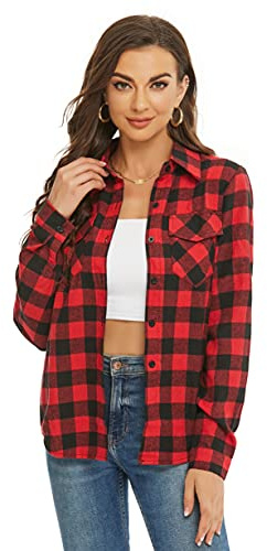 Ietaoo Chemisiers Femme Chemise à Carreaux Coton Manches Longues Flanelle Chemise Blouse Classique Décontractée Shirt pour Automne Hiver Printemps Noir Rouge L