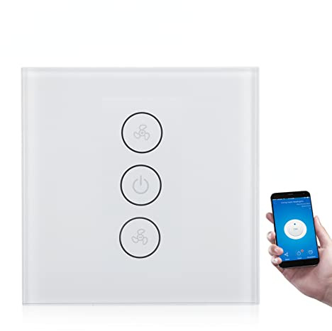 Smart Fläktbrytare WiFi -ljusströmbrytare Röststyrningsljuskontroll Fjärrkontroll Hem Smart -switch Pekskärm i Härdat Glas Stöd för TUYA(Vit)
