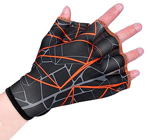 Swimming Gloves Aquatic Webbed Gloves Swim Training Fitness Water Resistance Hand Flippers with Fingers & Adjustable Wrist for Men Women Children
