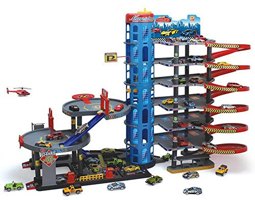 Bakaji Garaje gigante juguete para niños con 6 pisos, rampas de tobogán ascensor Pitstop y lavado de automóviles incluidos 10 coches + helicóptero tamaño 92 x 46 x 71 cm