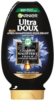 Garnier Ultra Doux - Après-Shampooing Hydratant & Équilibrant au Charbon Magnétique & Fleur de Nigelle - Pour Cheveux Normaux à Gras - 200 ml