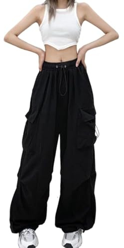 FENGQIYUNHAI Baggy Cargo Pants for Women Parachute Drawstring Ruched Track Pants Multiple Pockets Jogger Y2K Pants Black