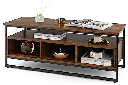 KOMFOTTEU Industrieller TV-Ständer aus Holz, TV-Schrank mit offenem Regal und 3 Fächern, Couchtisch mit Metallrahmen, 110 x 42,5 x 45 cm, Braun