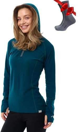 Merino.tech 100% Pull Mérinos Femme à Capuche - Coupe Ajustée + Chaussettes | Léger, Respirant, Anti-Odeur Naturel, Anti-Humidité, Idéal Pour La Randonnée, Voyage, Plein Air, Usage Quotidien