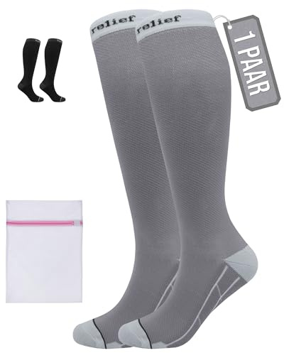 360 RELIEF Chaussettes de Contention Homme et Femme - Classe 1 Chaussette de Compression pour Running, Voyage, Avion, Sports - Bas de Contention 15-20 mmHg S/M Gris Avec sac de lavage en filet