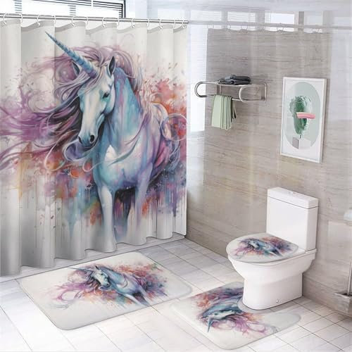 AYAROS Hübsches Einhorn-Duschvorhang-Set für Badezimmer, 4-teilig, verträumte bunte Tiere, Vintage-Badezimmer-Sets mit rutschfesten Teppichen, WC-Deckelbezug, Badematte, Duschvorhang, Badezimmer-Dekor
